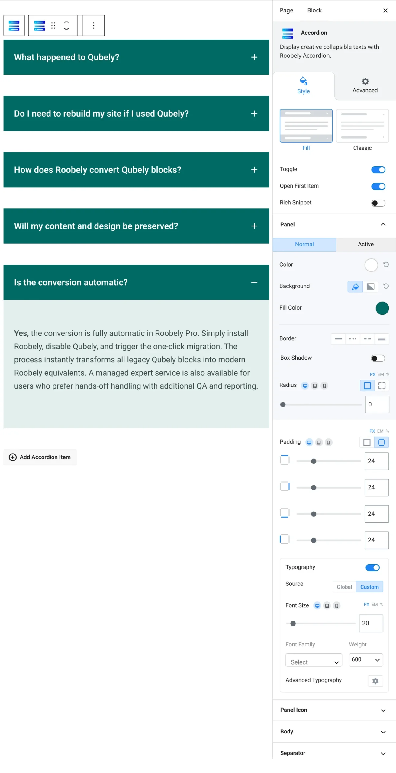 Accordion block settings