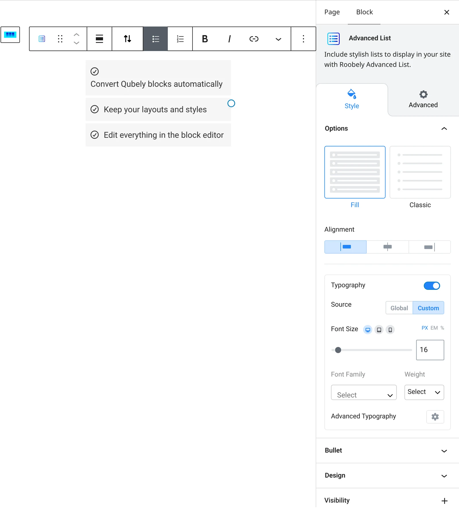 Advanced list block settings