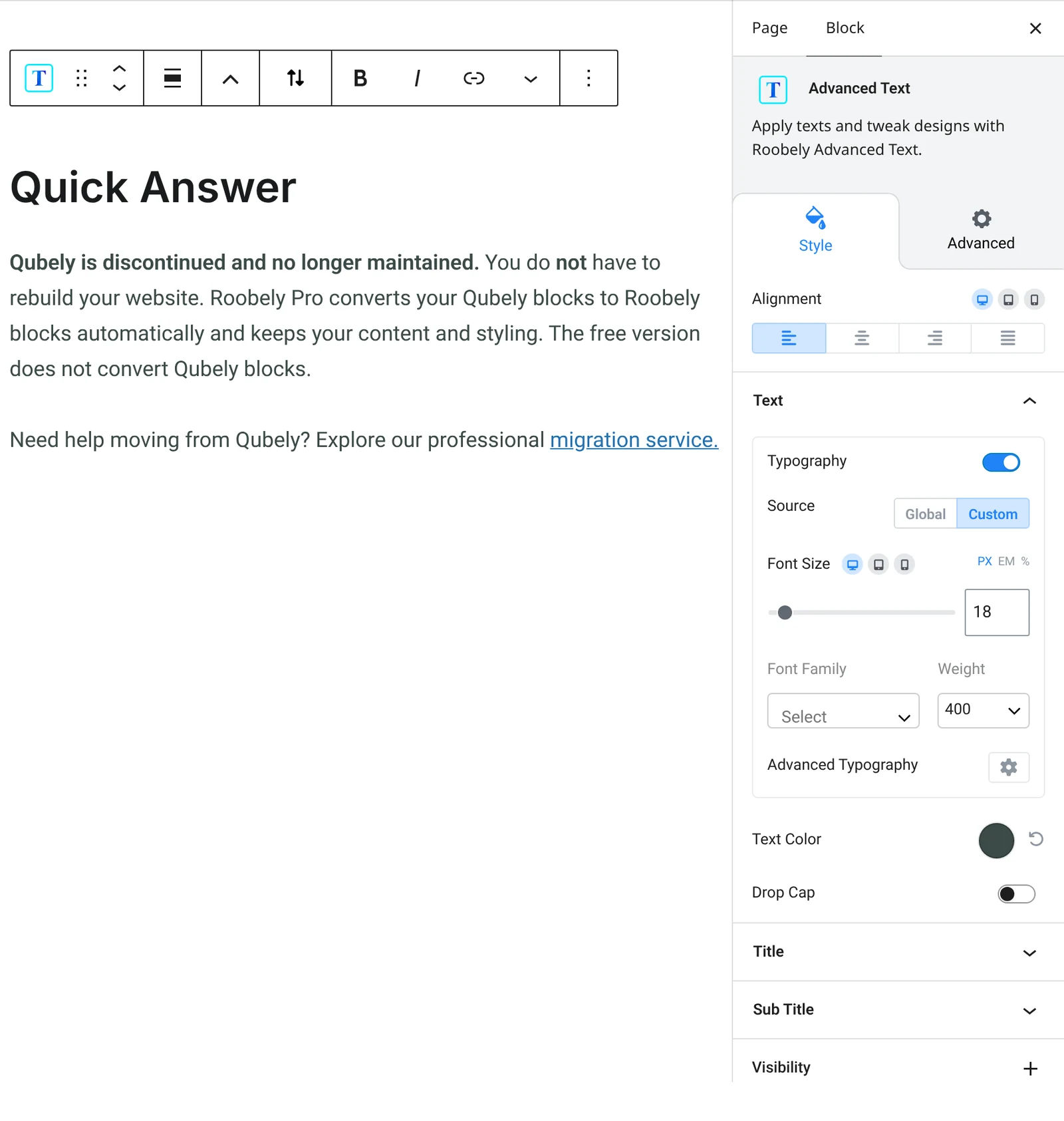 Advanced text block settings