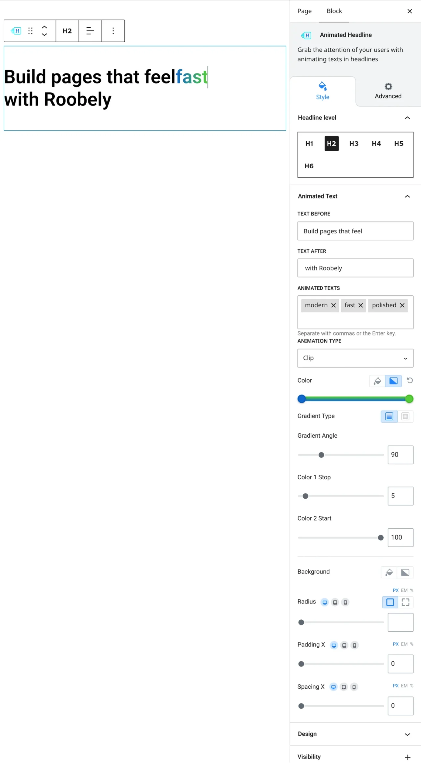 Animated headline block settings