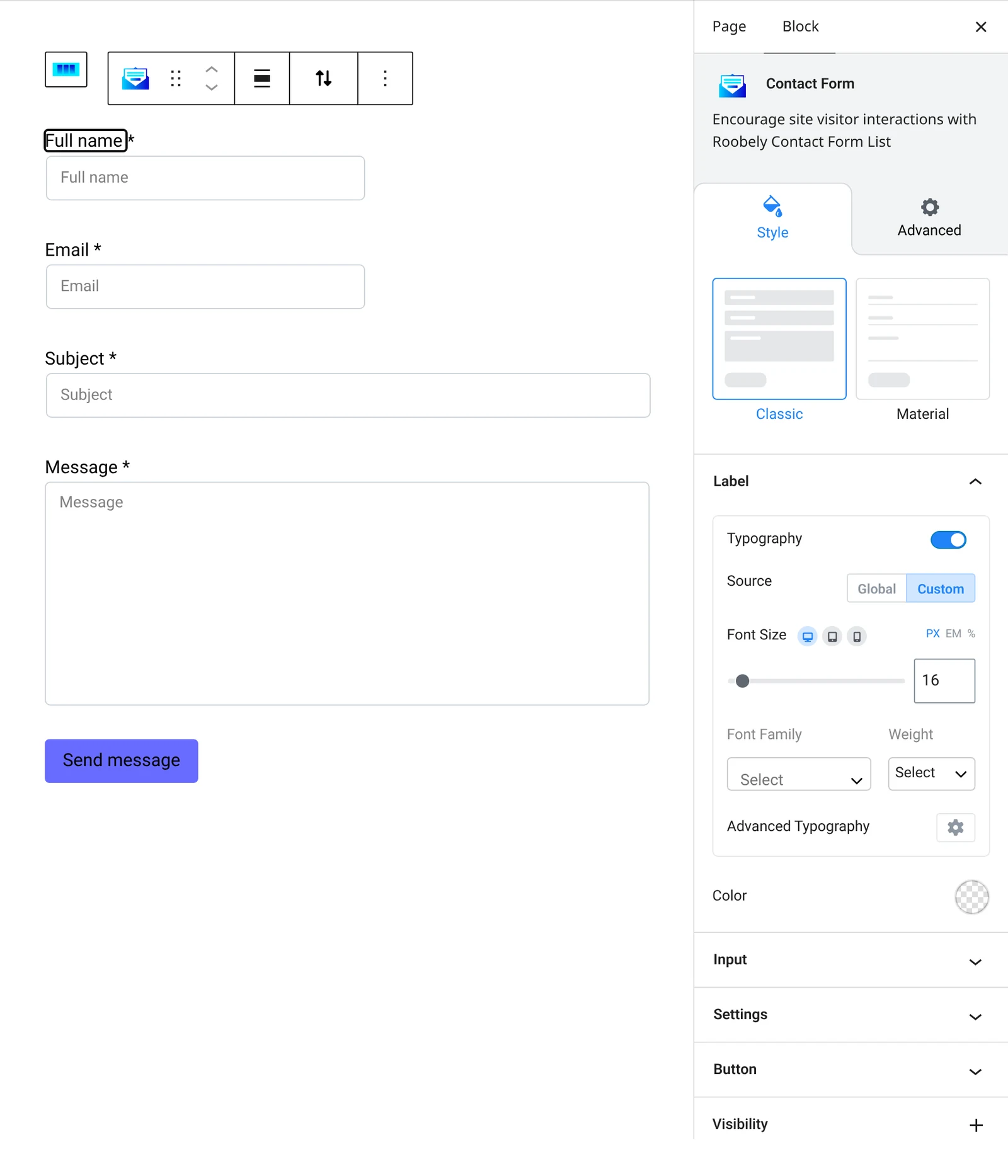 Contact form block settings