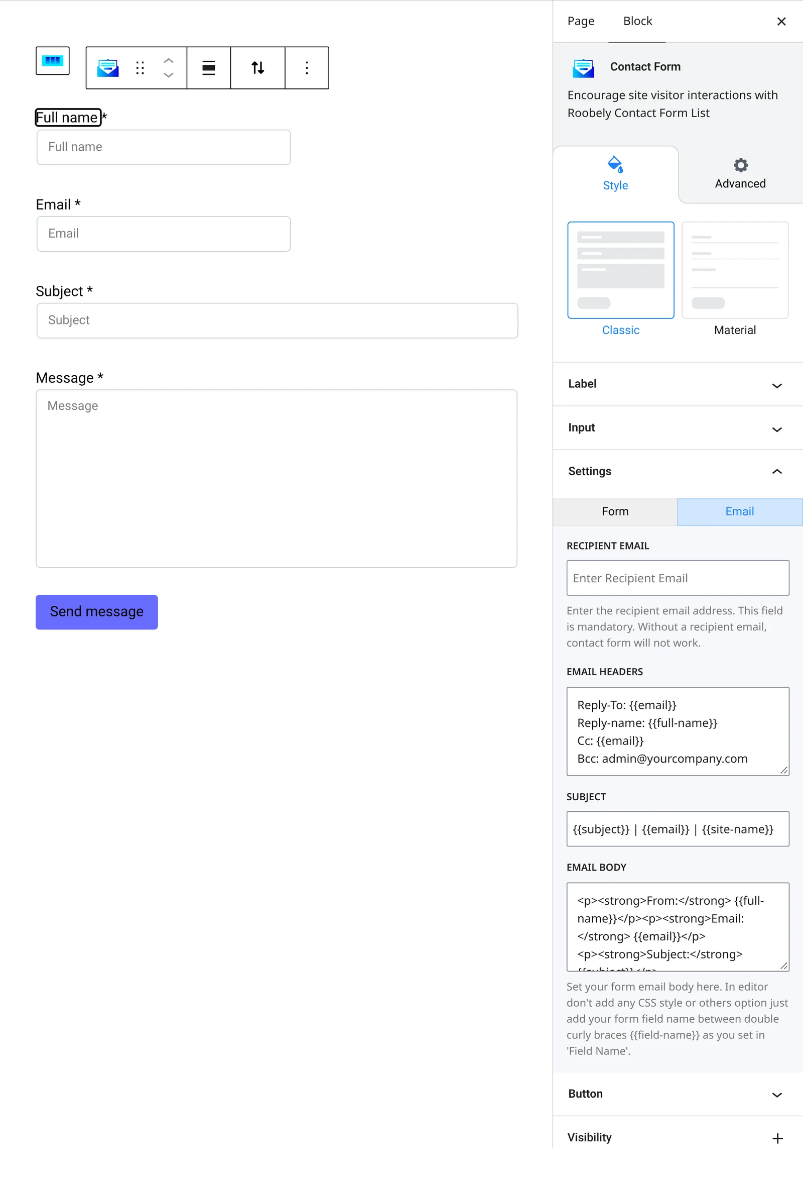 Contact form block settings