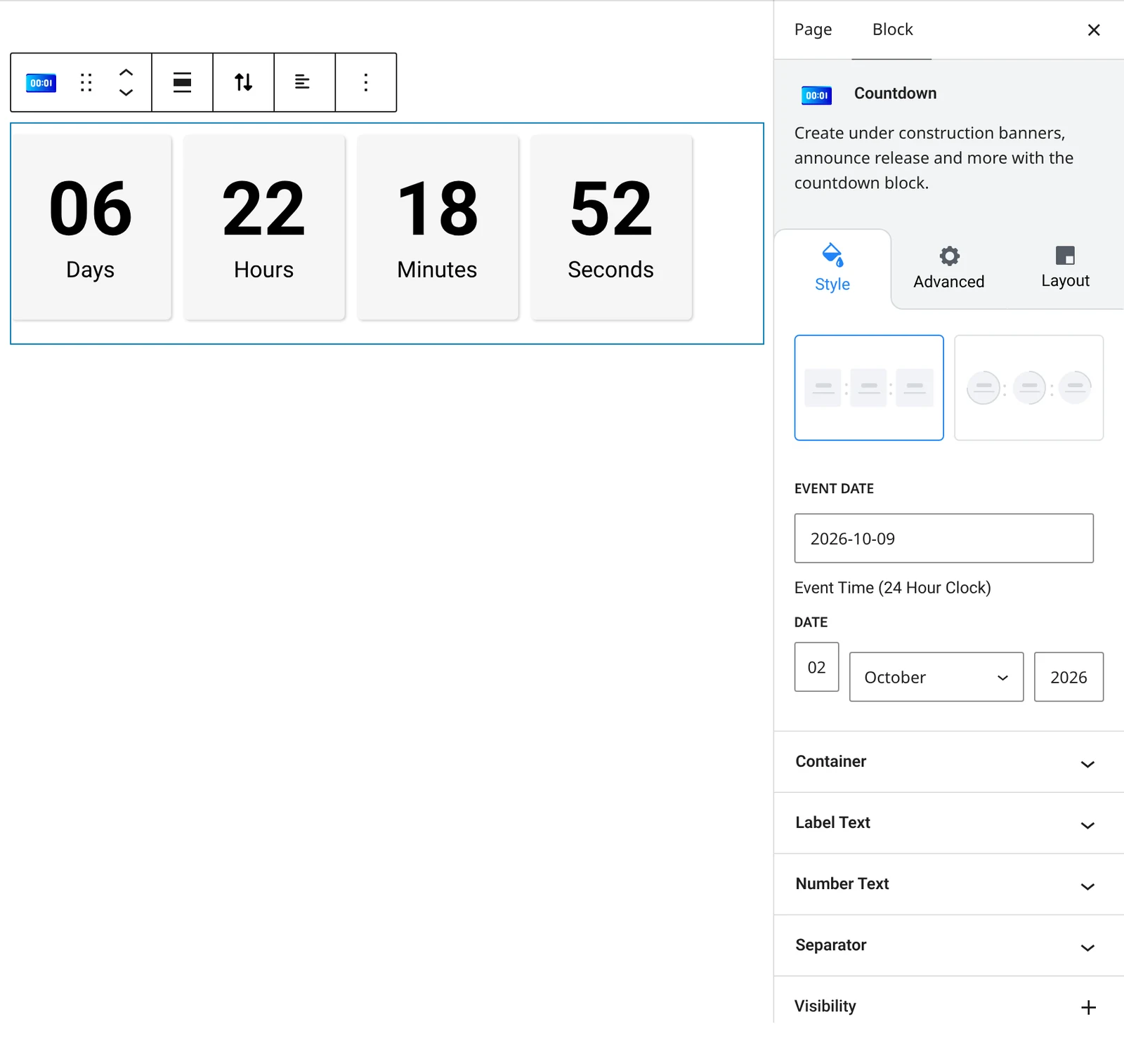 Countdown block settings