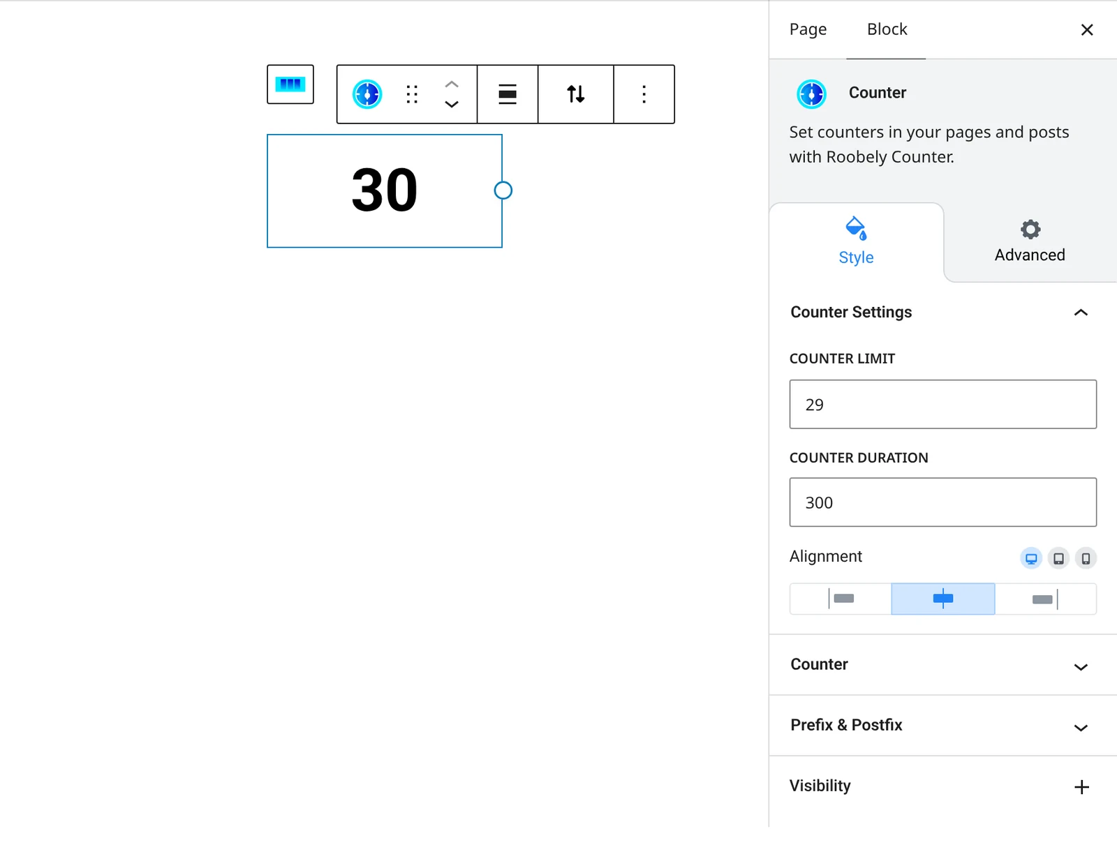 Counter block settings