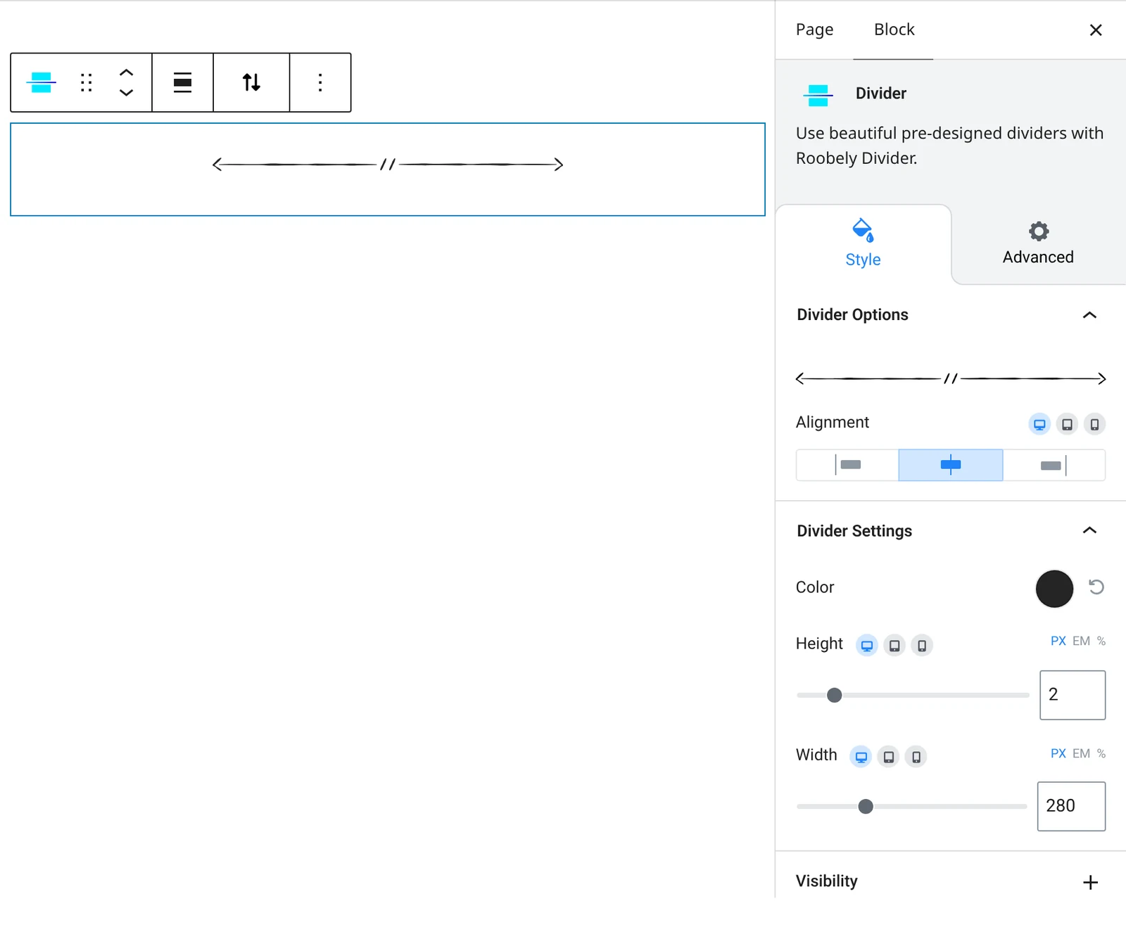 Divider block settings