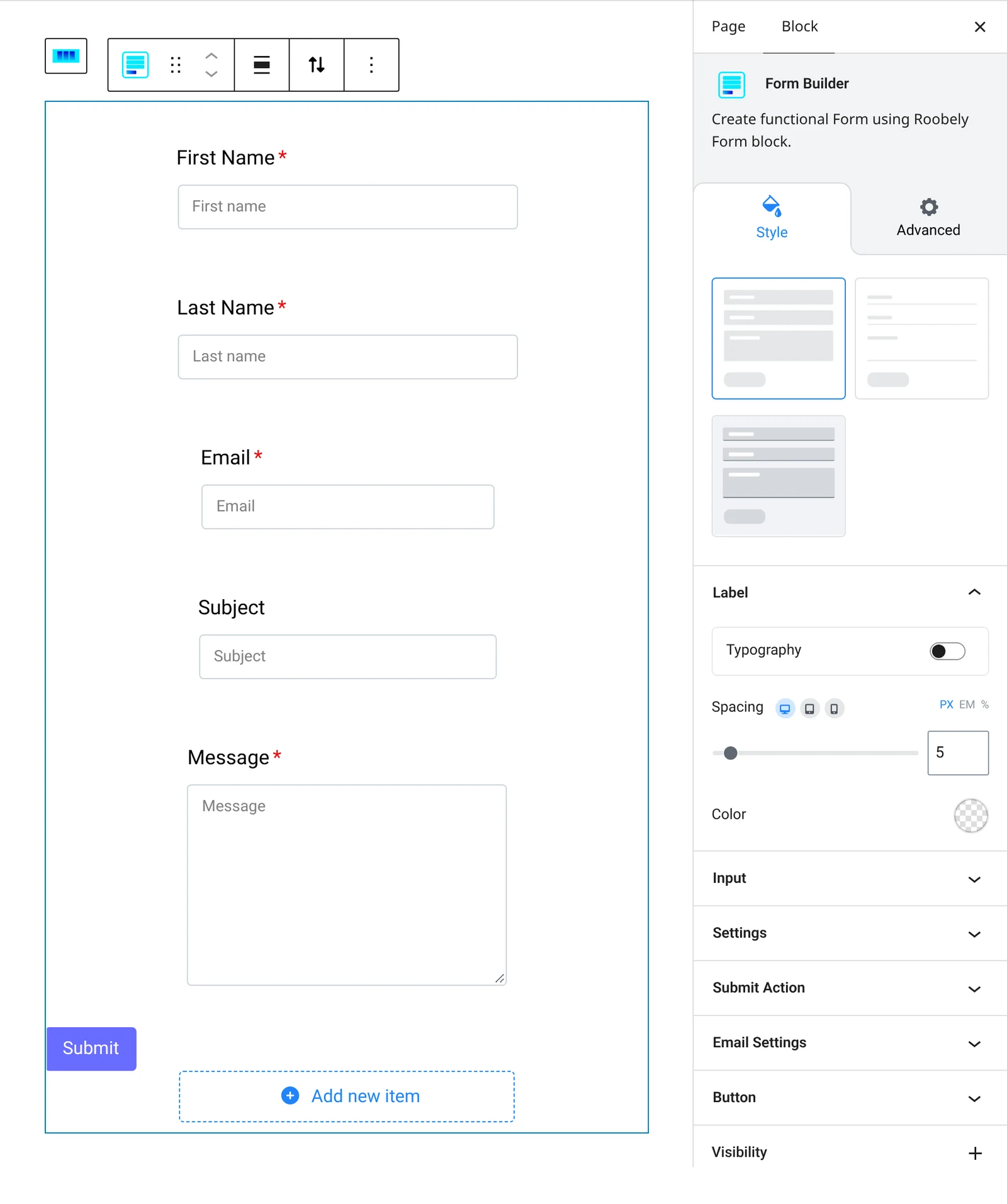 Form builder block settings