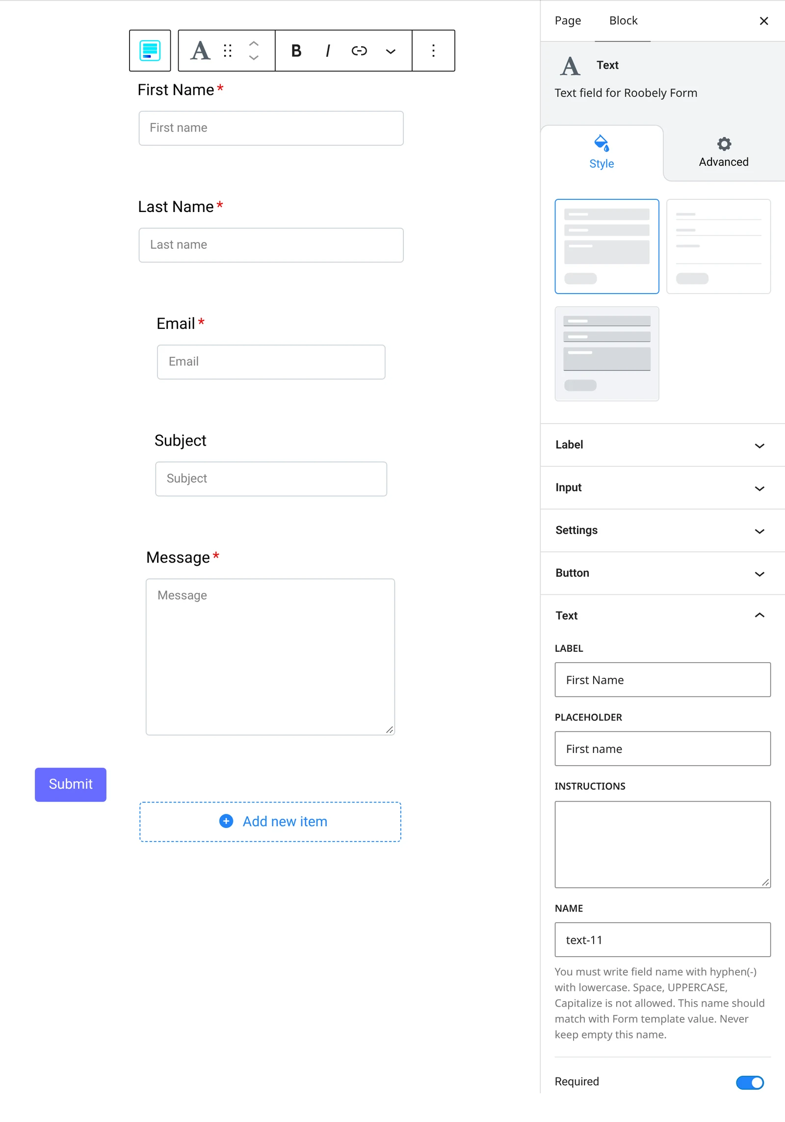 Form builder block settings