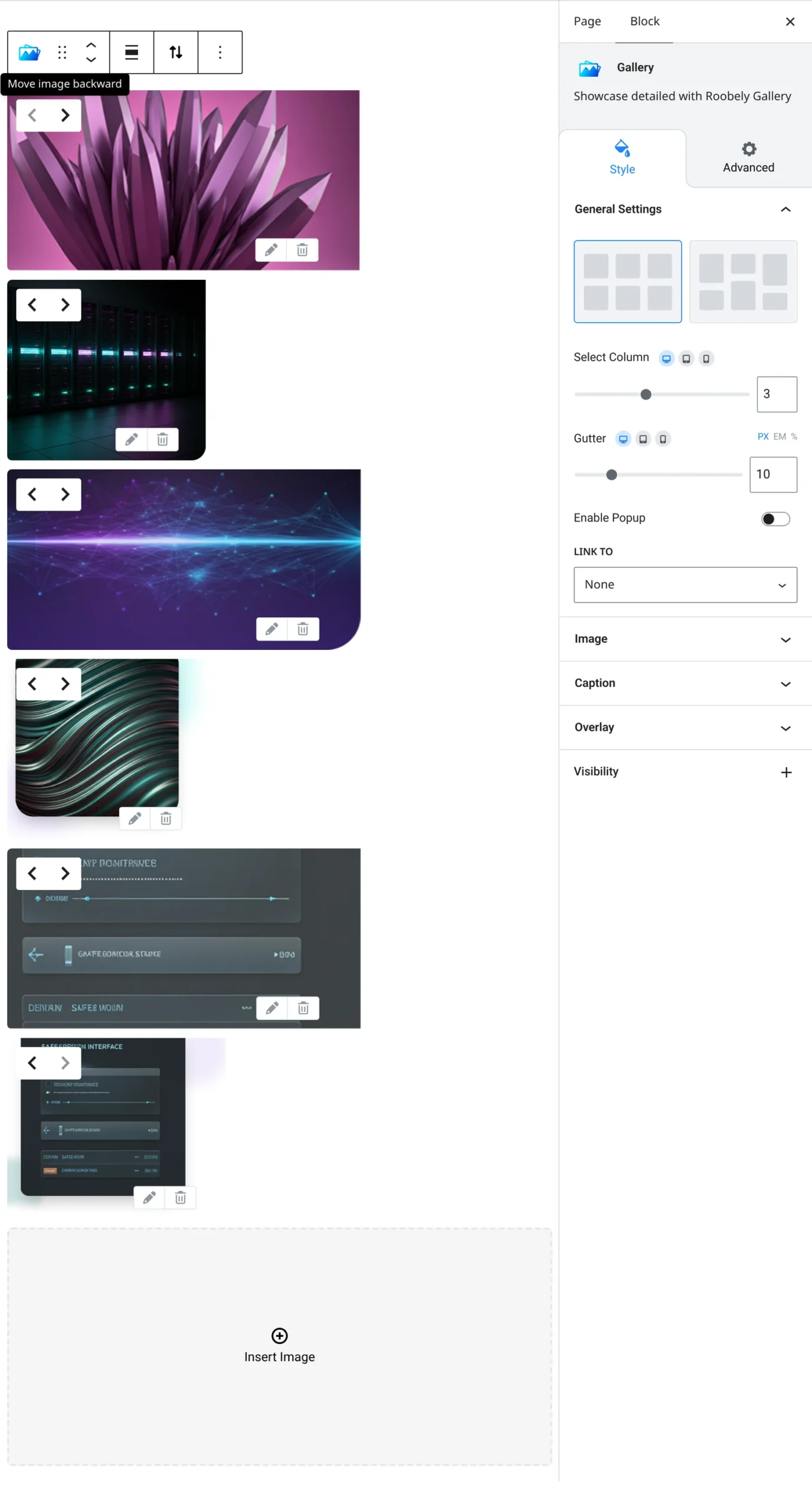 Gallery block settings