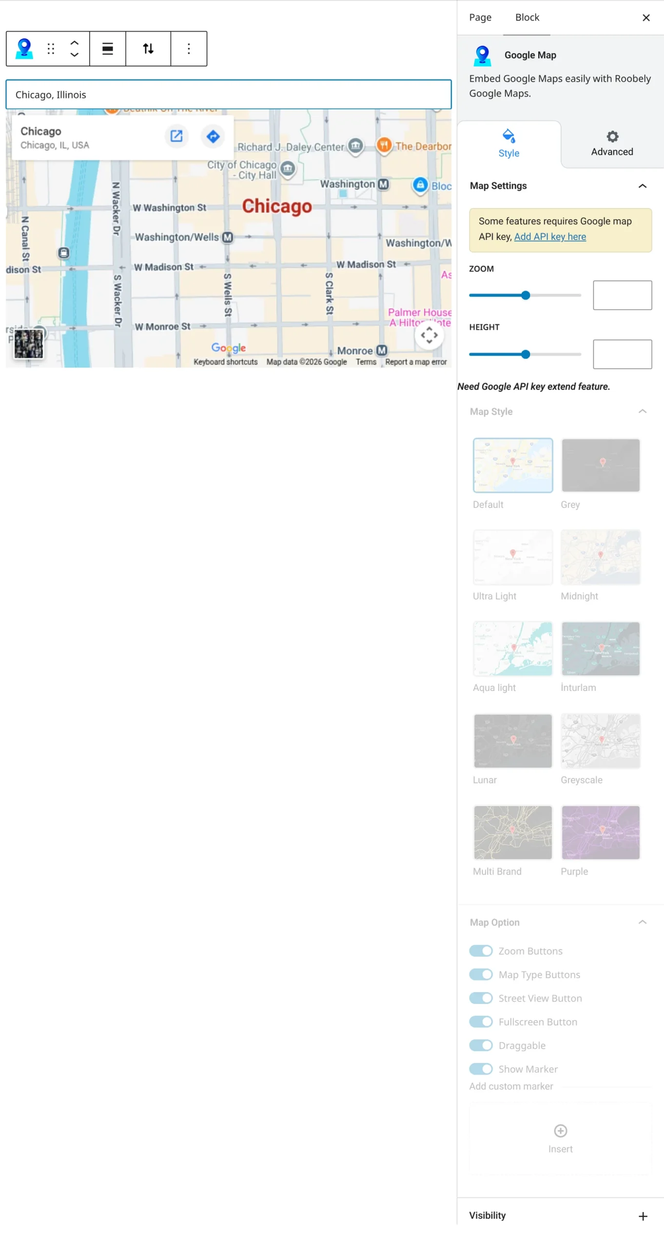 Google map block settings