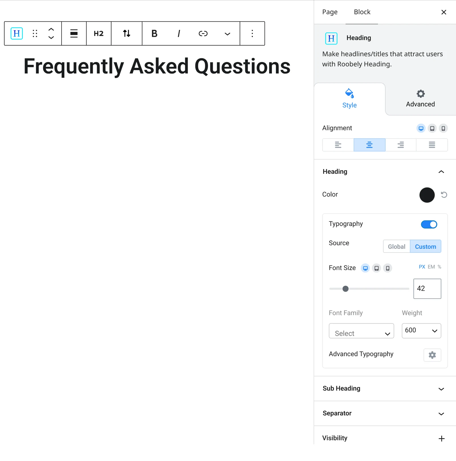 Heading block settings