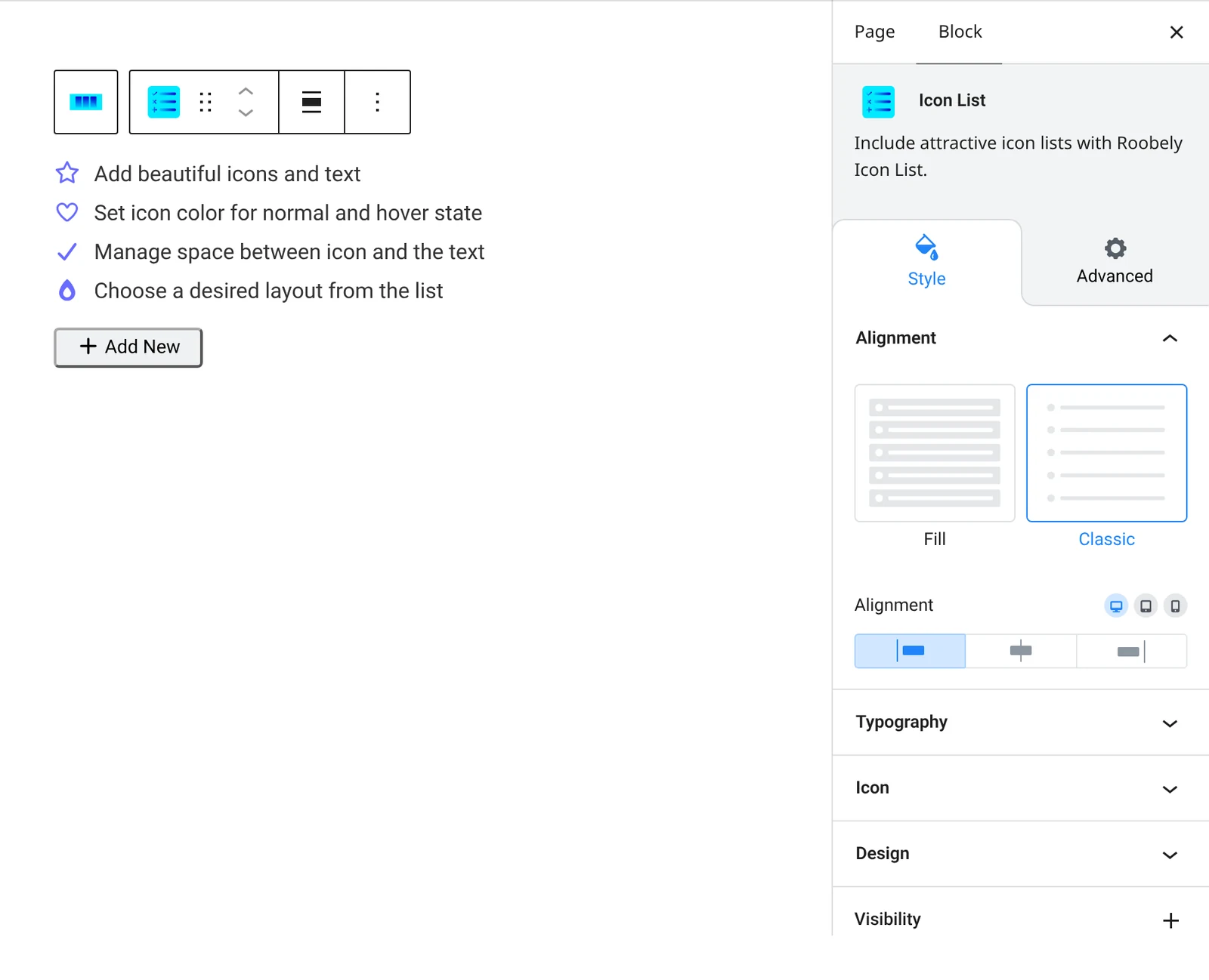 Icon list block settings