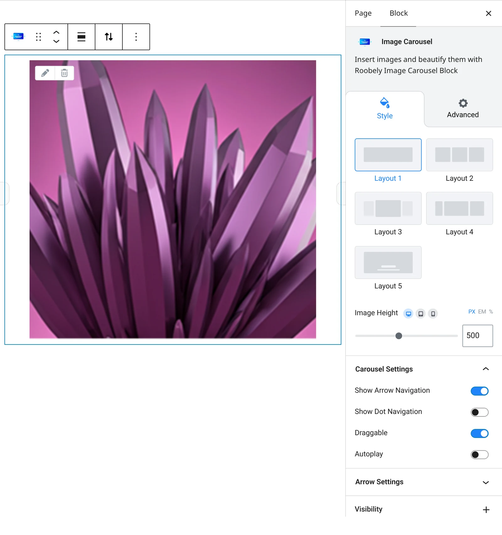 Image carousel block settings