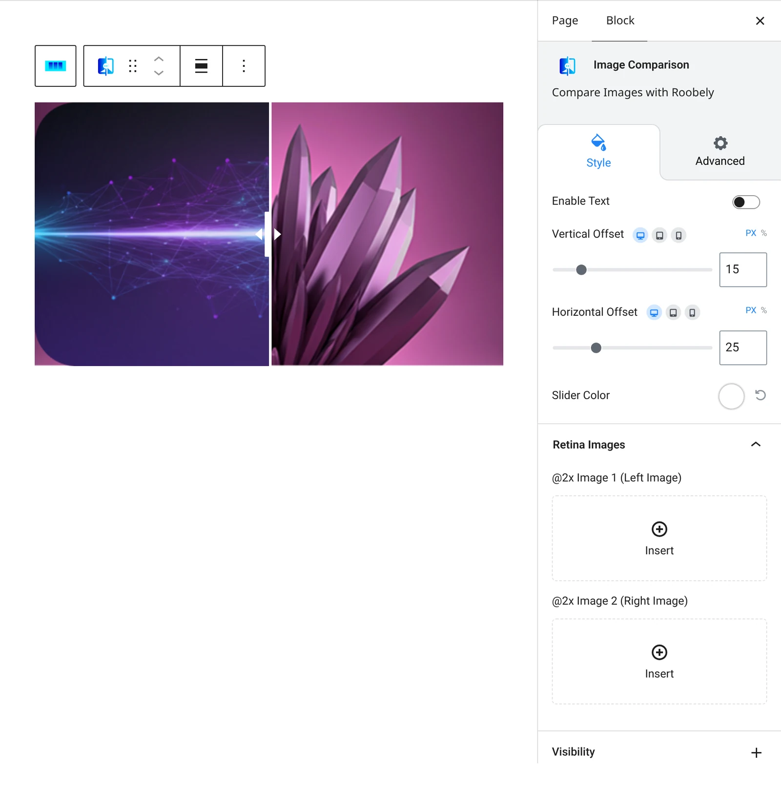 Image comparison block settings