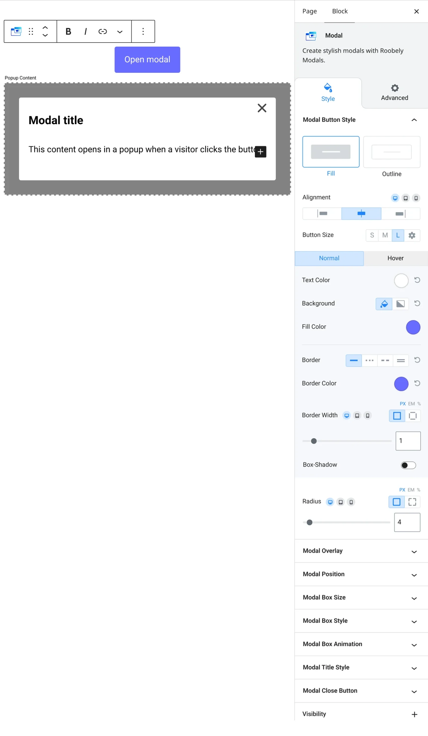 Modal block settings