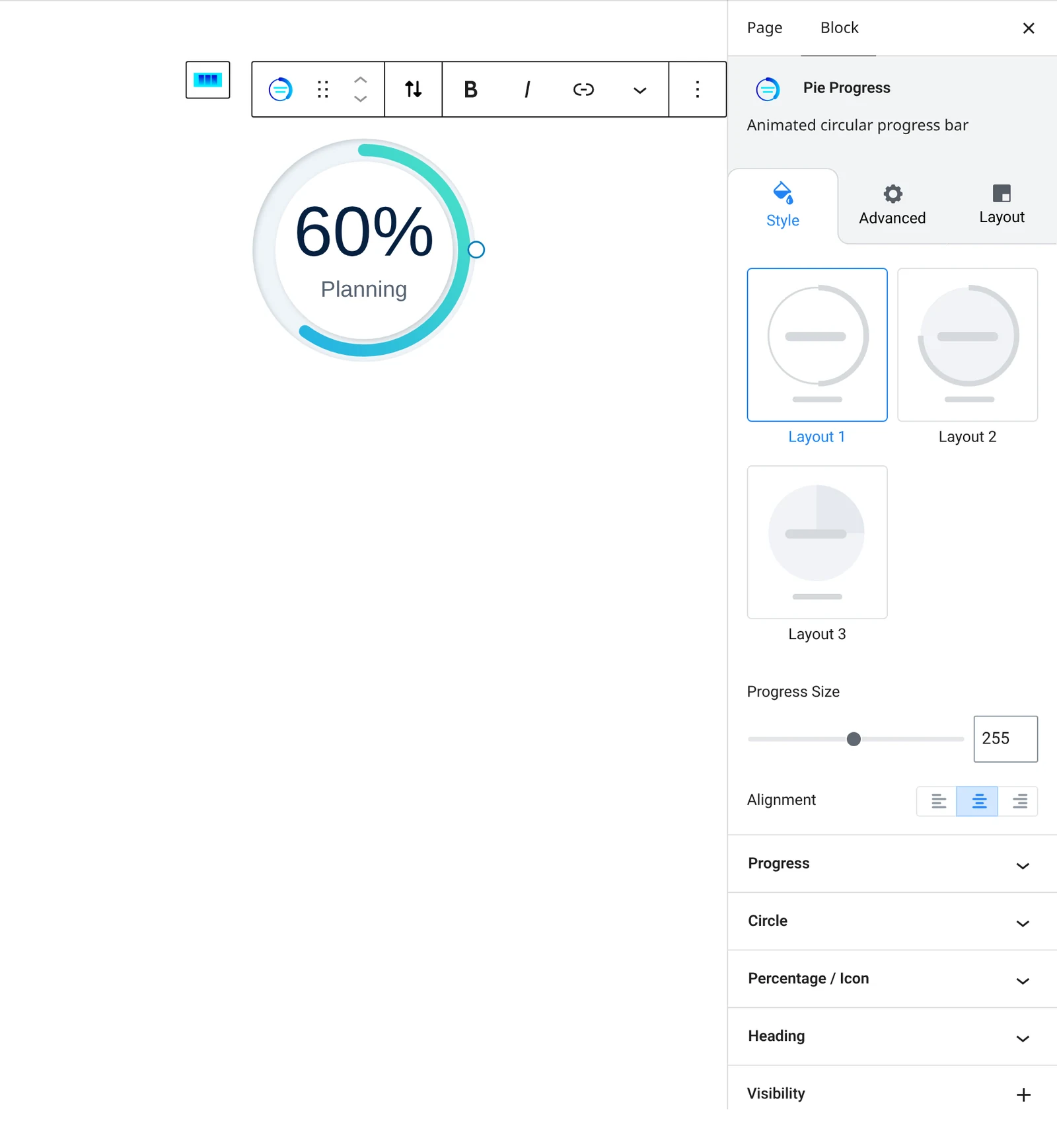 Pie progress block settings