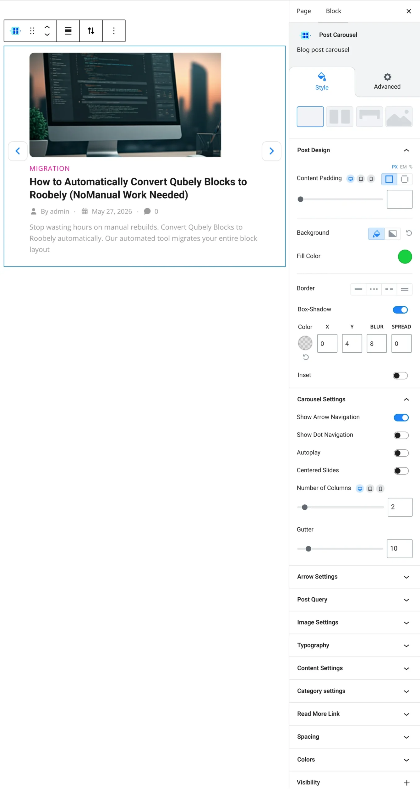 Post carousel block settings