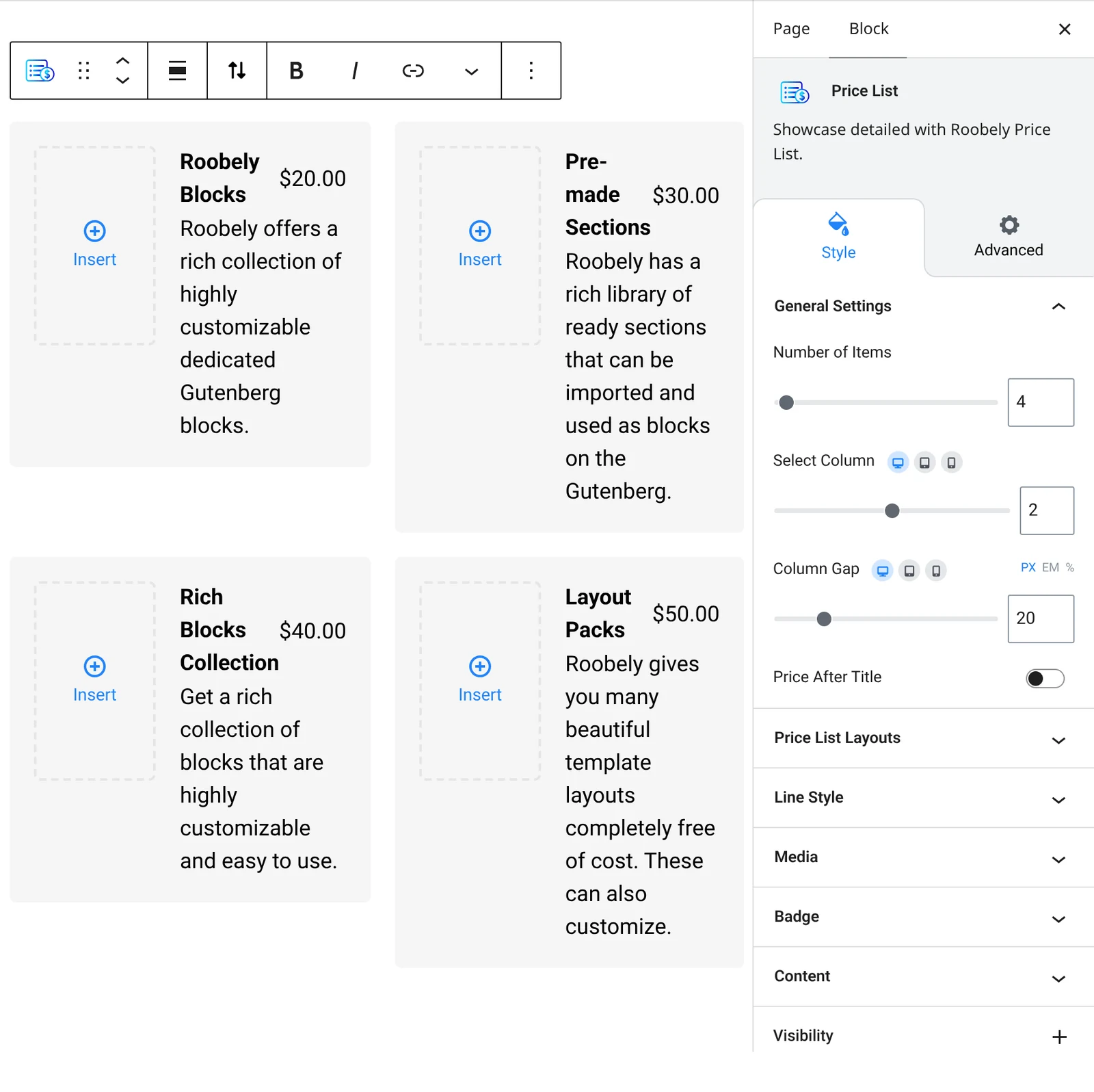 Price list block settings