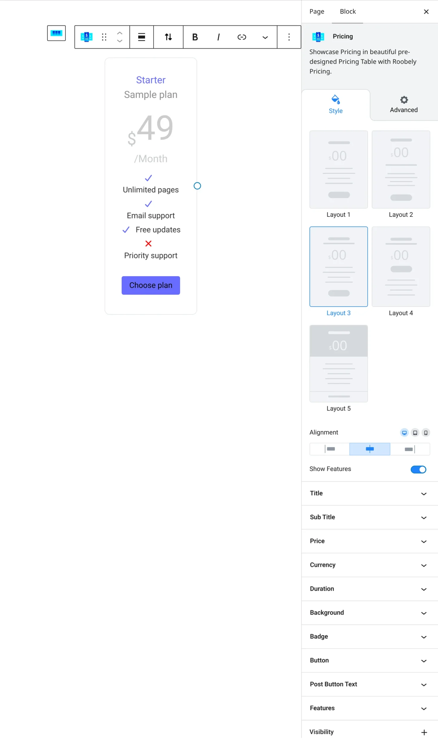 Pricing block settings