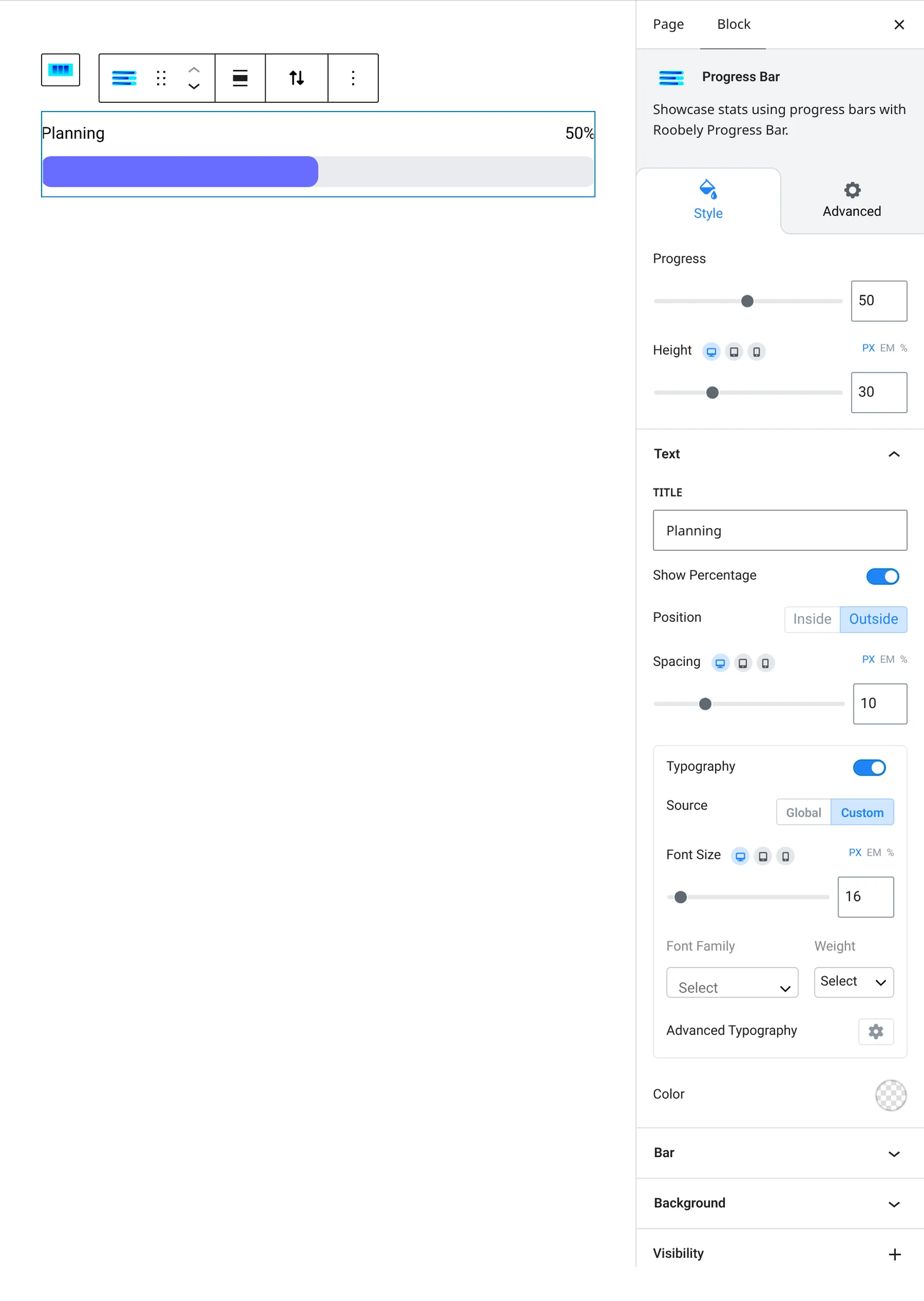 Progress bar block settings