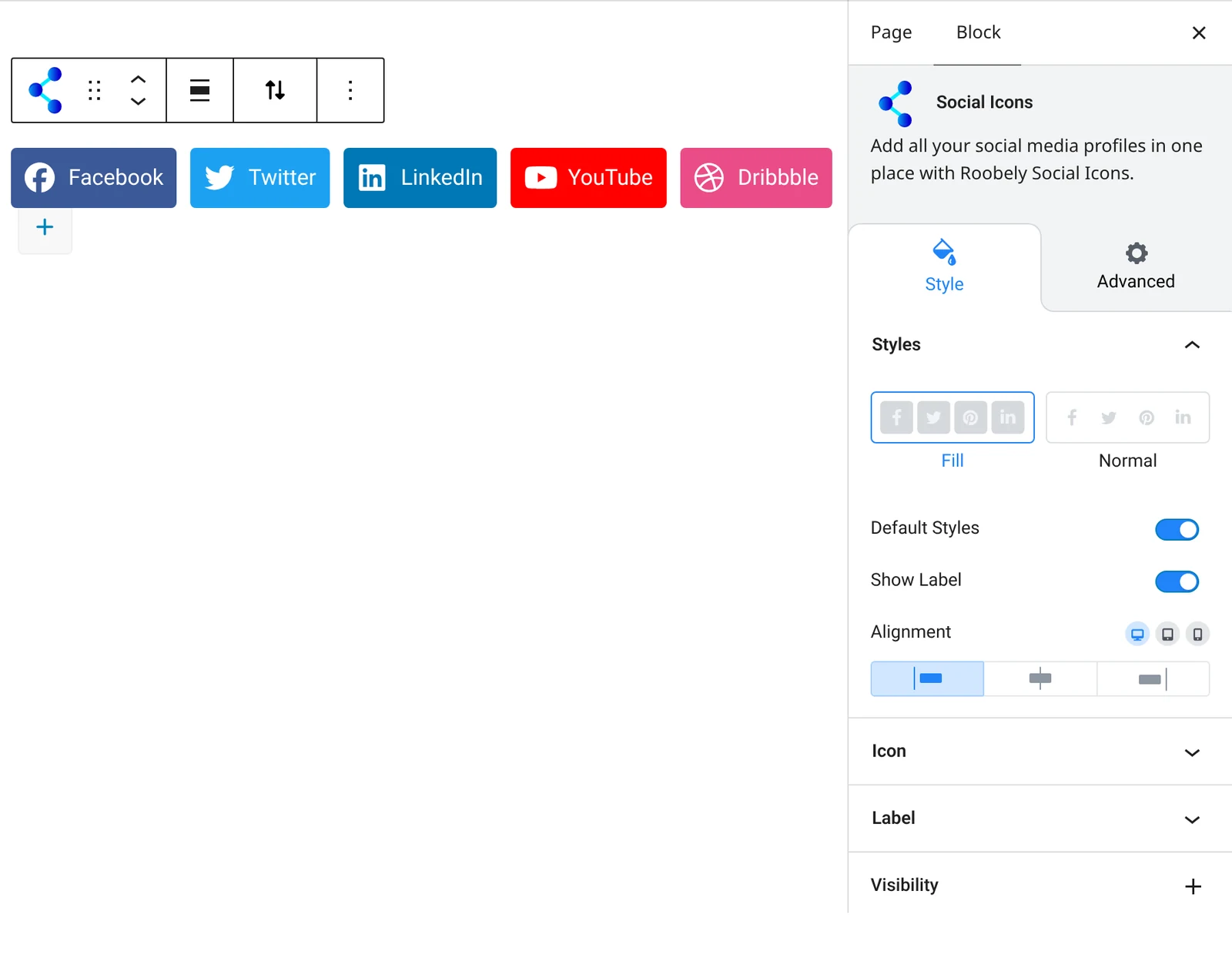 Social icons block settings