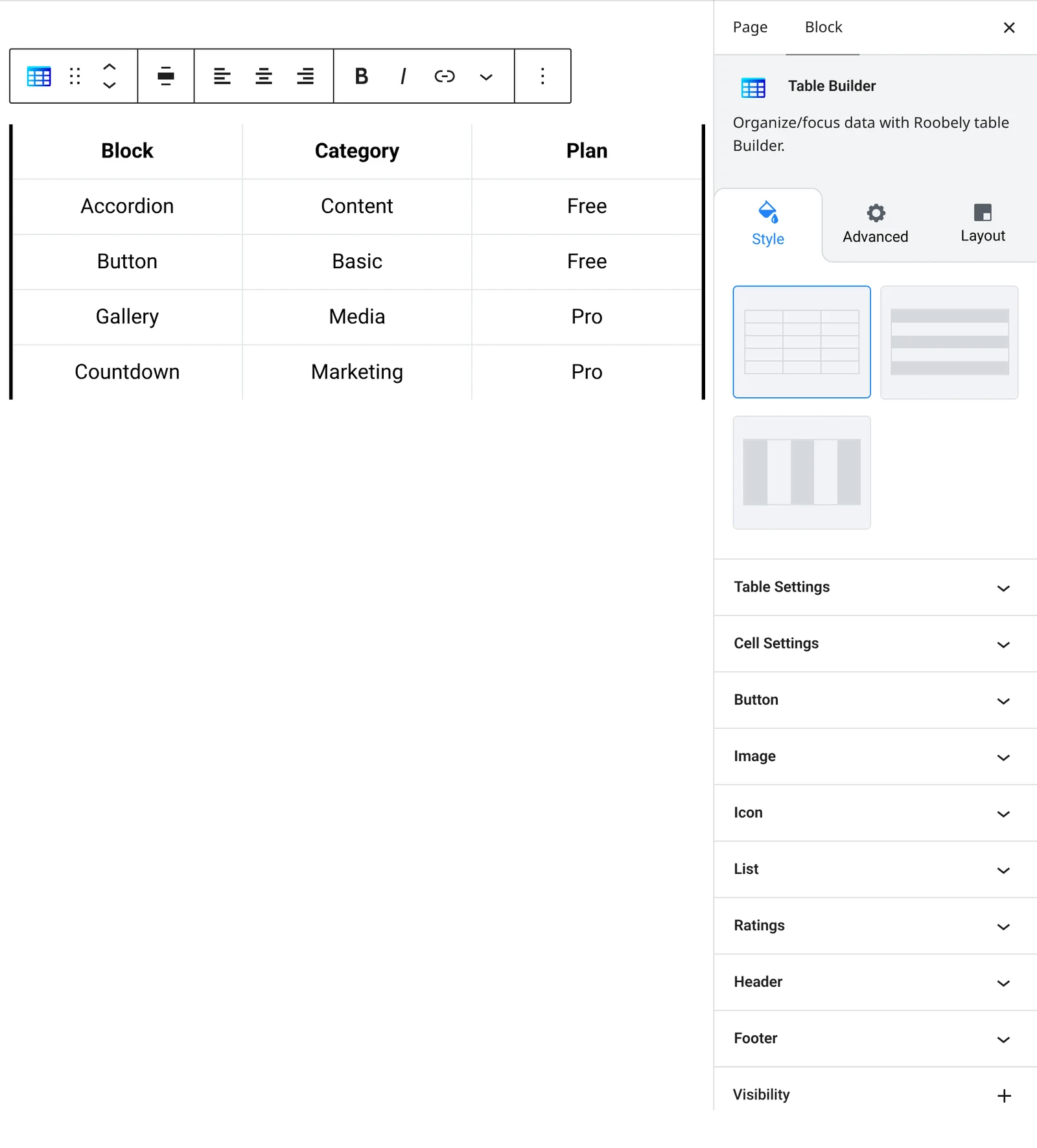 Table builder block settings