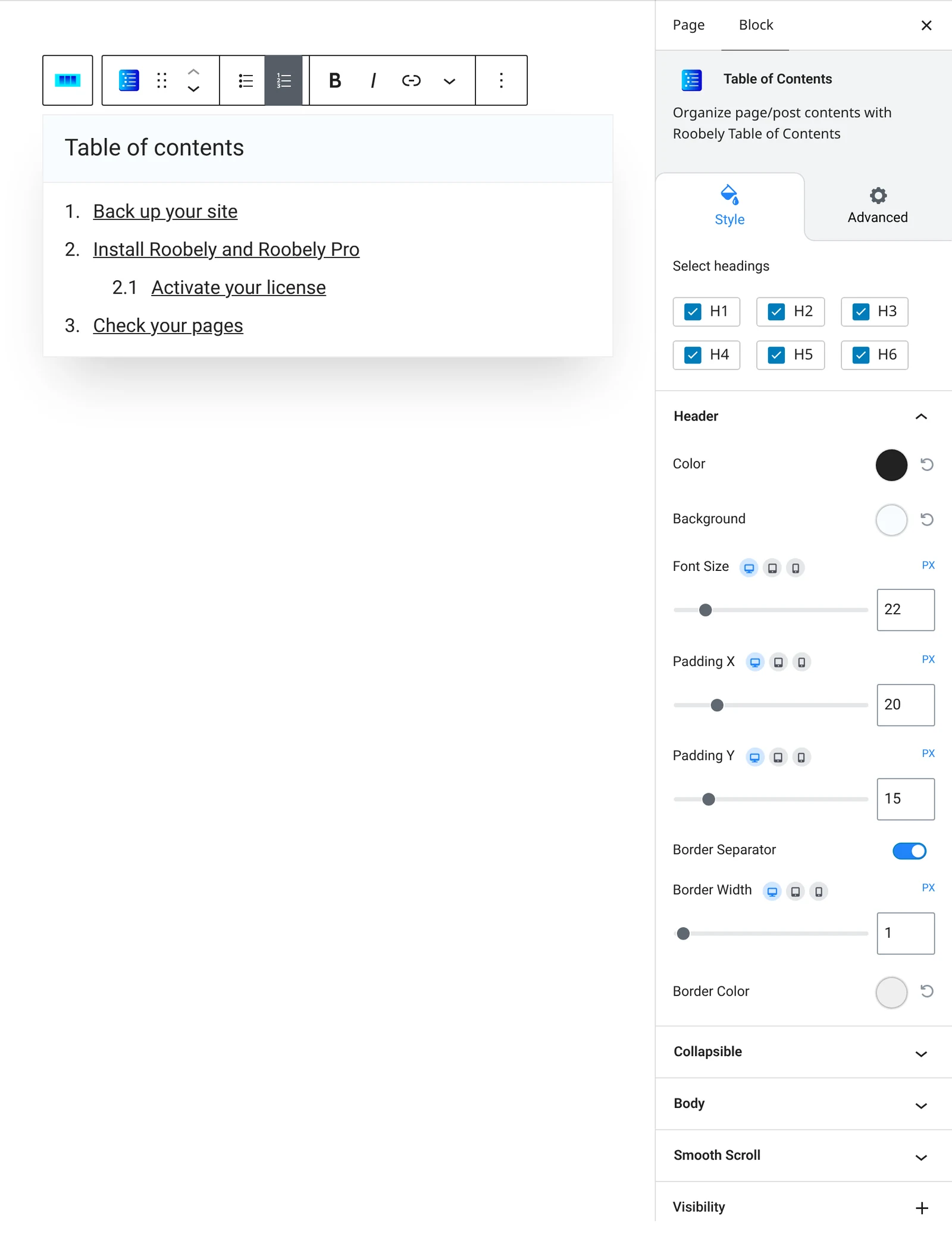 Table of contents block settings