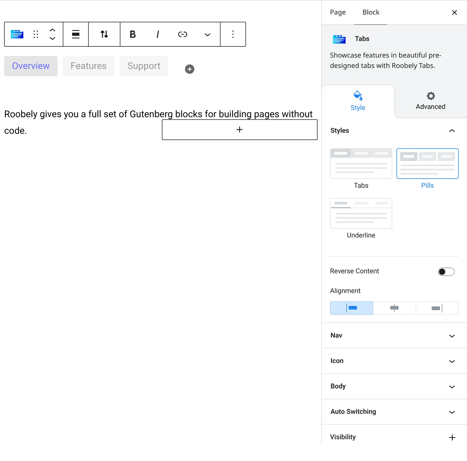 Tabs block settings