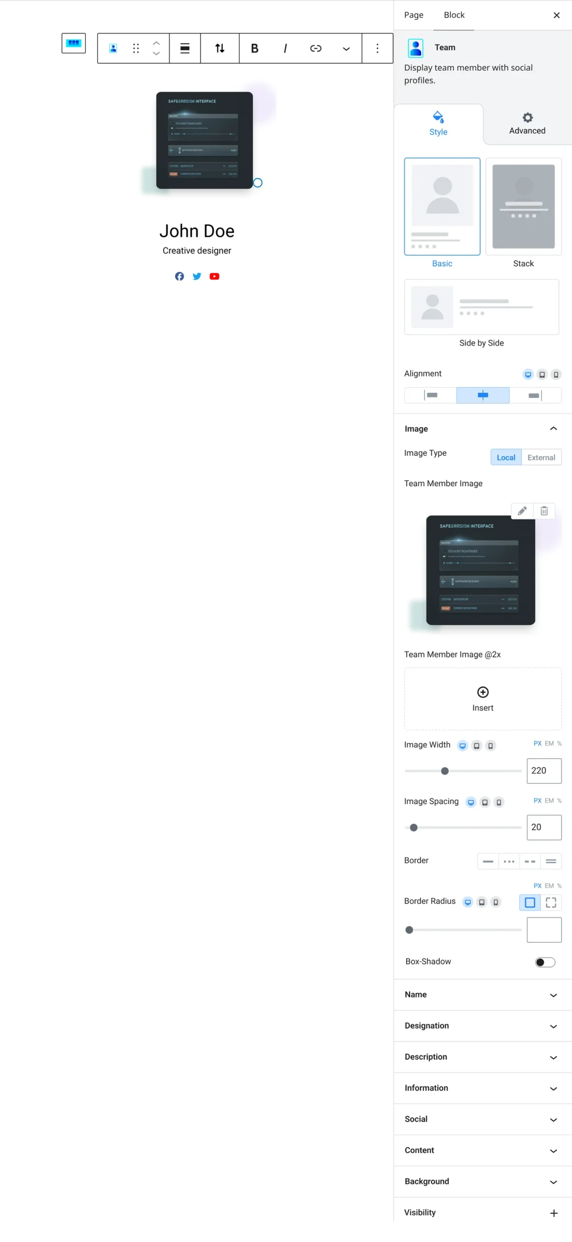 Team block settings