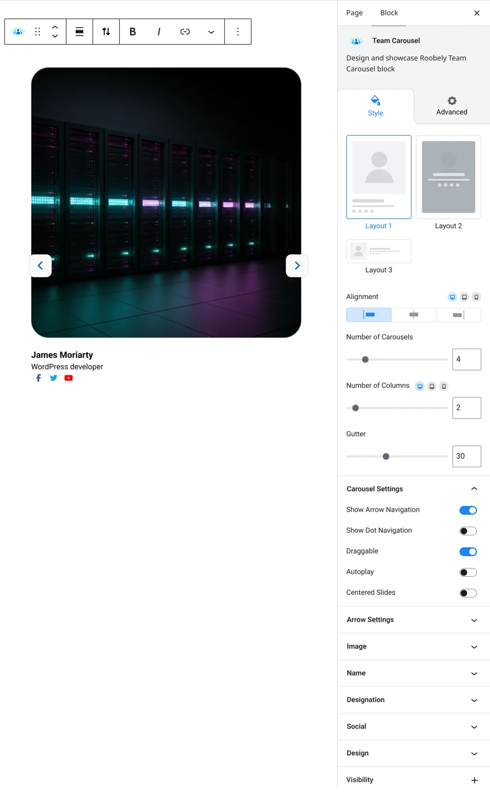 Team carousel block settings