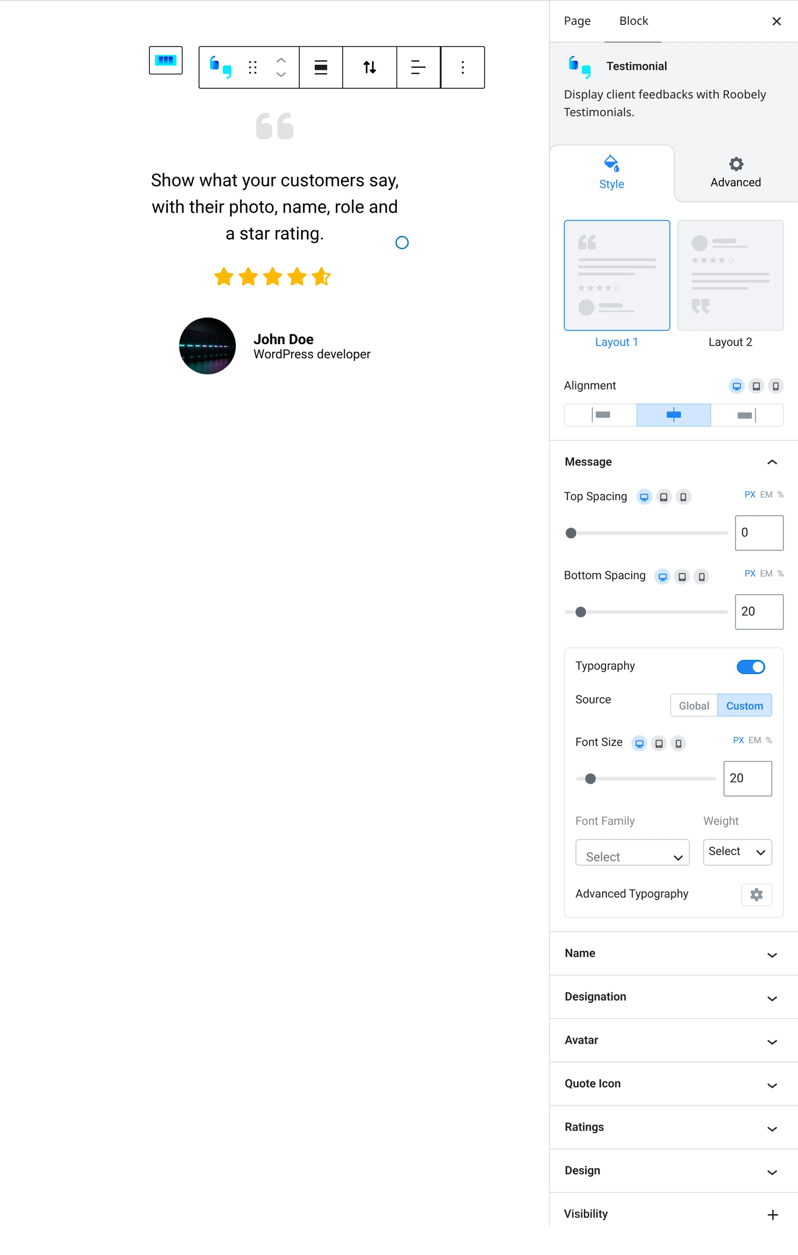 Testimonial block settings