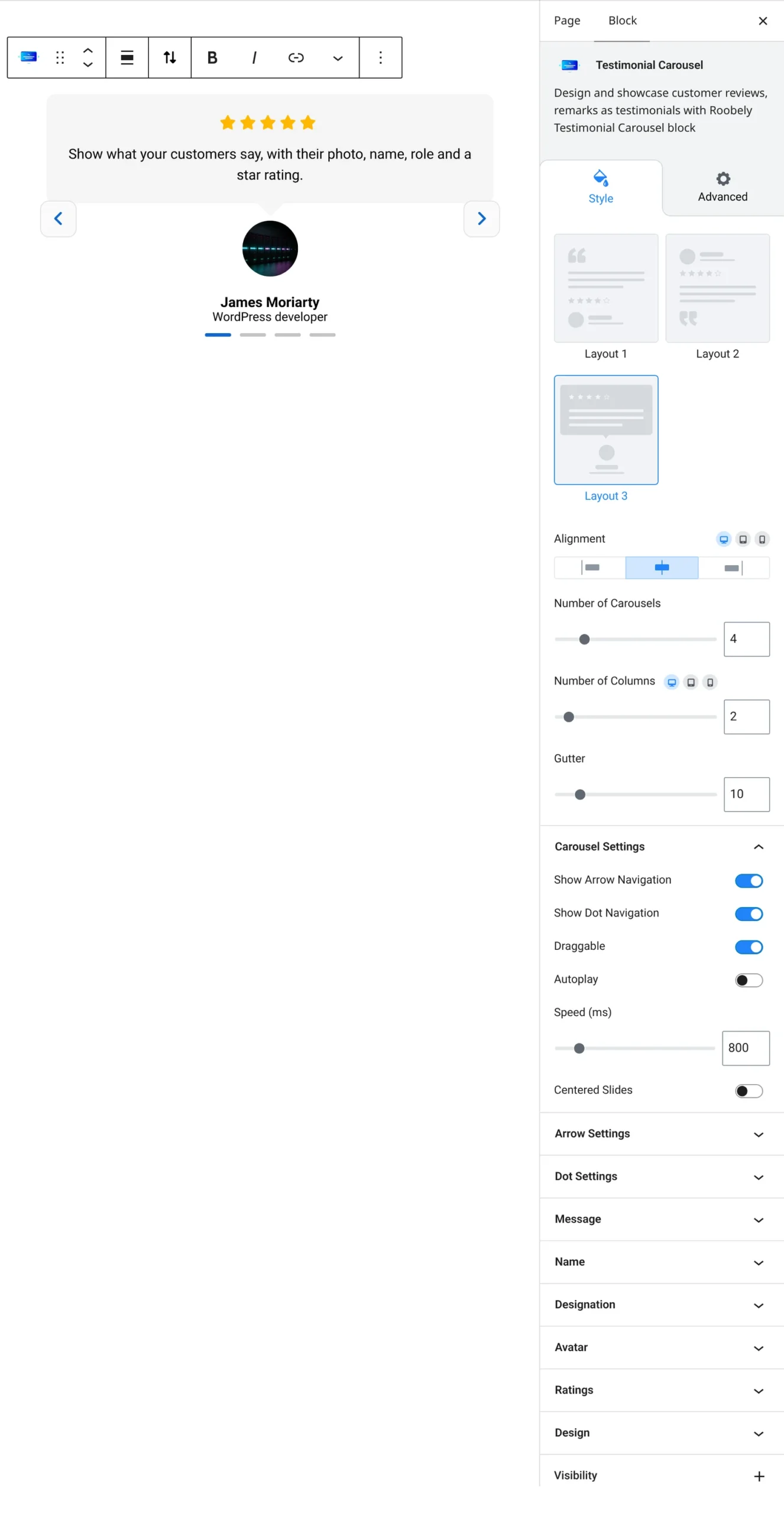 Testimonial carousel block settings