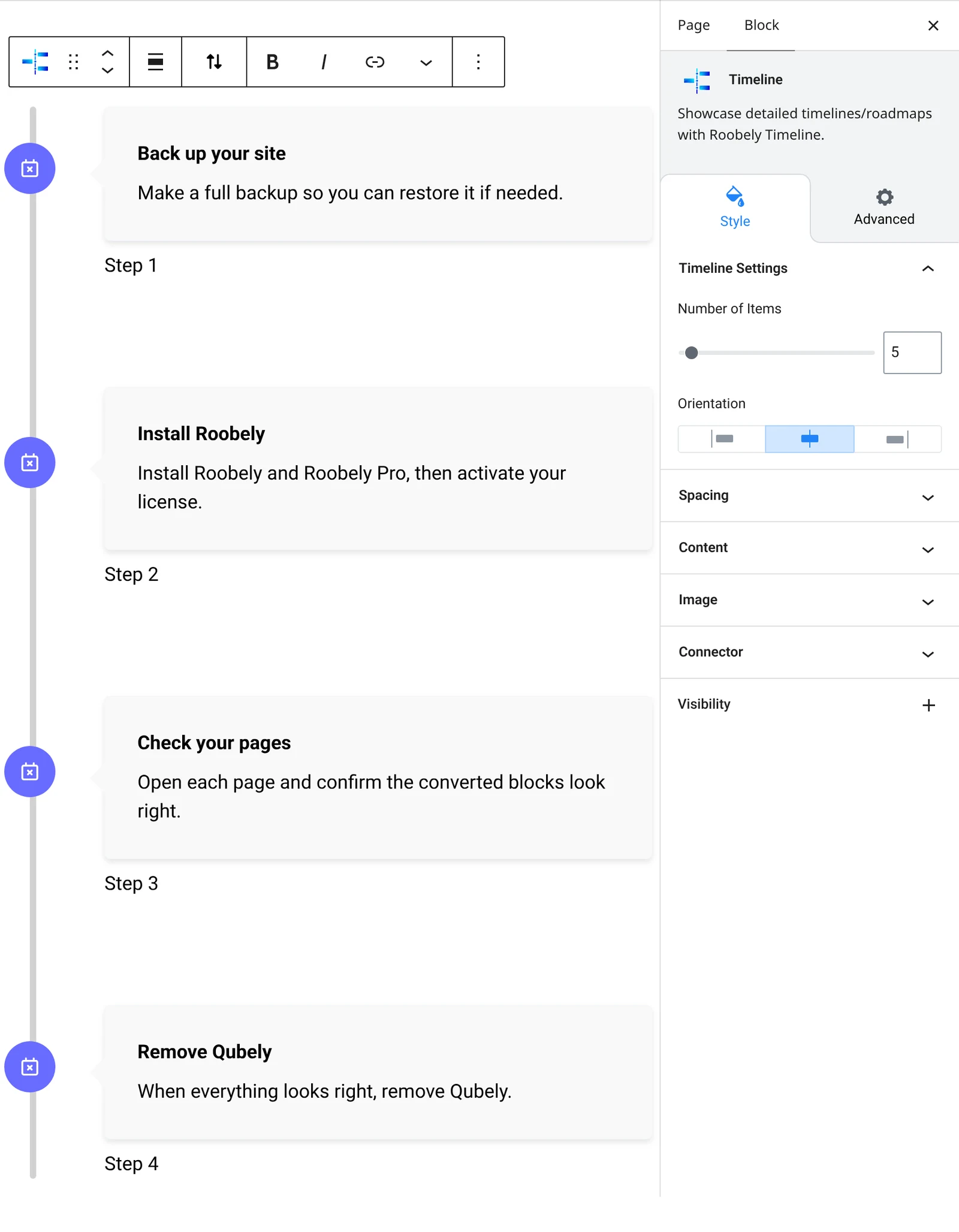 Timeline block settings