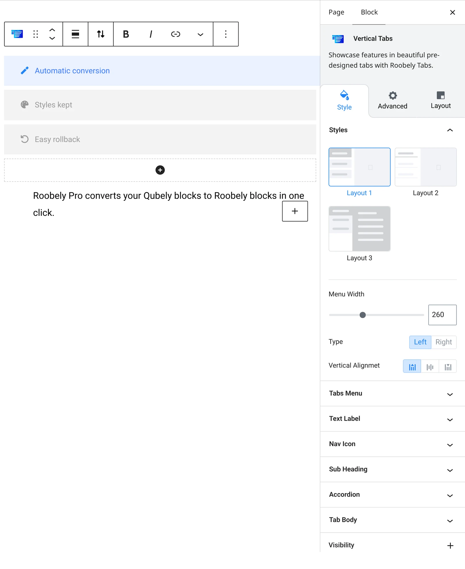 Vertical tabs block settings