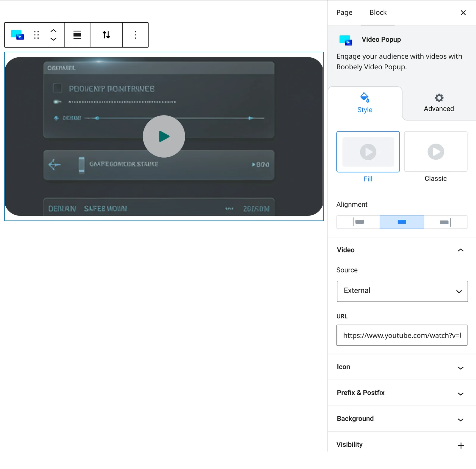 Video popup block settings