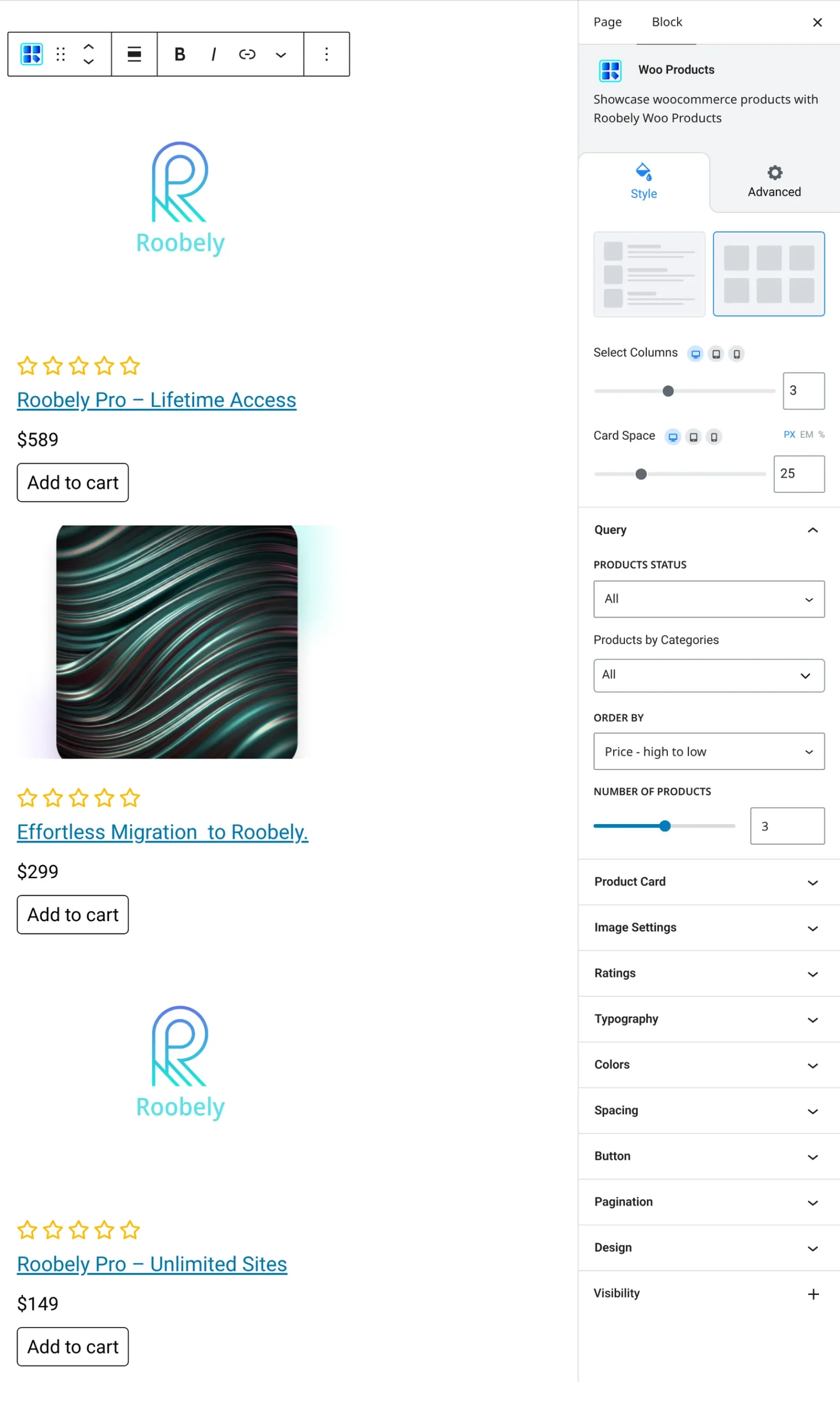 Woo products block settings