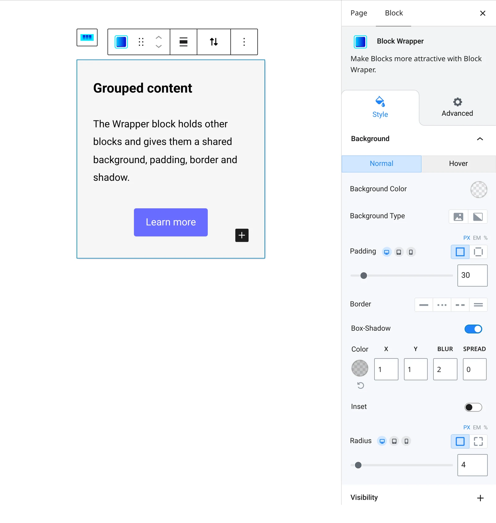Wrapper block settings