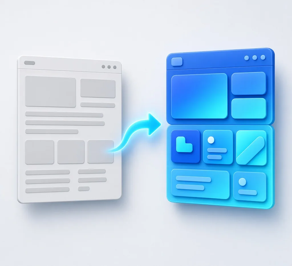 A plain gray Qubely-style page layout turning into the same layout rebuilt from blue and cyan Roobely blocks